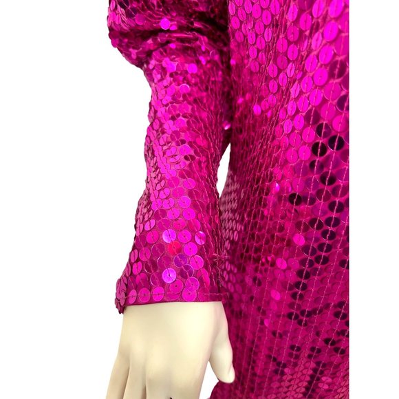 Vintage Pink Sequins Sheath Dress L Knee Length Mock Cut Out Back Long Sleeve - Picture 10 of 17